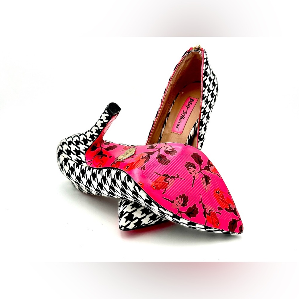 Betsey Johnson Black & White Houndstooth Pumps with Hot Pink Floral Pointed Toe